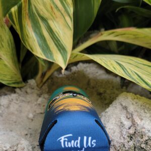 a blue tube sitting on top of a rock next to a plant