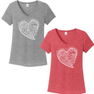 two women's v - neck t - shirts with hearts on them