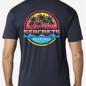 a man wearing a t - shirt with the words secrets on it