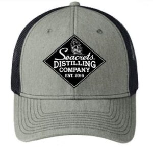 a gray and black trucker hat with a black patch on the front of it