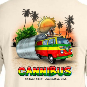 a man wearing a t - shirt with an image of a van and palm trees