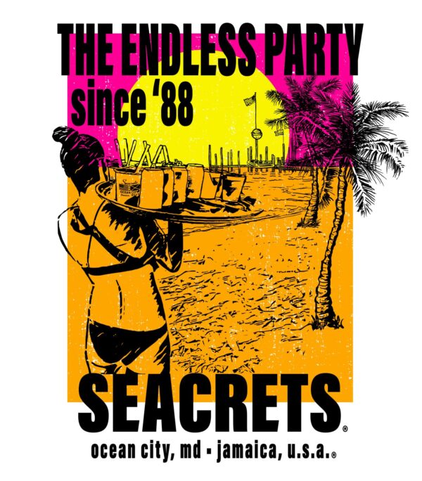a poster for a beach party with a woman holding a surfboard