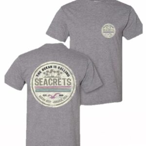a grey t - shirt with the words seacrets on it