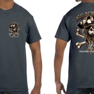 a man wearing a t - shirt with a skull and crossbones on it