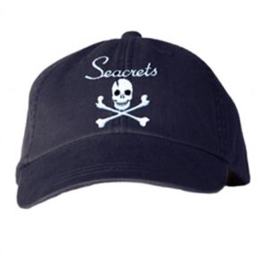 a black hat with a skull and cross bones on it