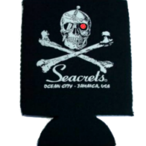 a can cooler with a skull and cross bones on it