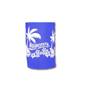 a blue and white can cooler with a palm tree on it