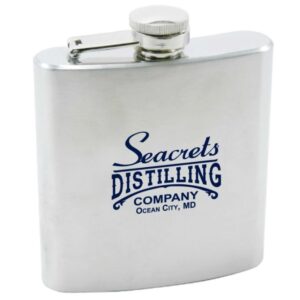 a stainless steel flask flask with the words seabrets distilling