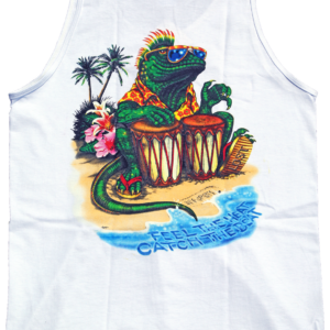 a white tank top with an image of a lizard on it