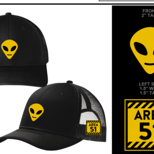 a black hat with a yellow alien head on it