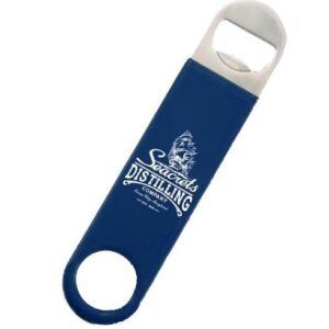 a blue bottle opener with a white handle
