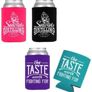 a group of four different colored can coolers