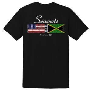 a black t - shirt with the flag of jamaica and the name of the country