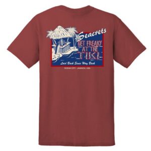 a red t - shirt with a picture of a tiki hut