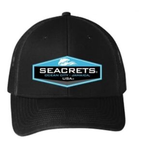 a black trucker hat with the words seabrets on it