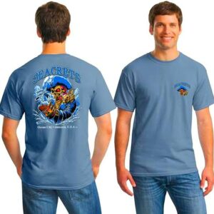 a man wearing a blue shirt with an image of a surfer on it