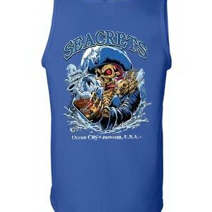 a blue tank top with a skeleton on it