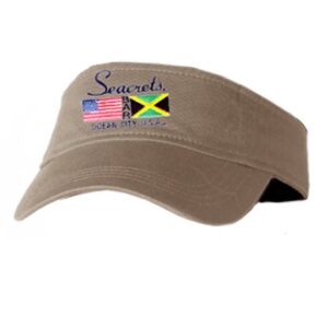 a tan visor hat with a flag and a name on it