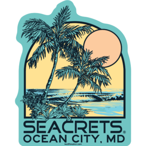 a sticker of a palm tree and the ocean