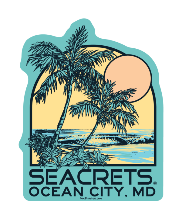 a sticker of a palm tree and the ocean