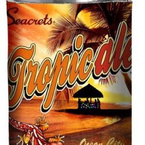 a can of tropical drink on a white background