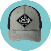 a gray and black hat with a black and white logo