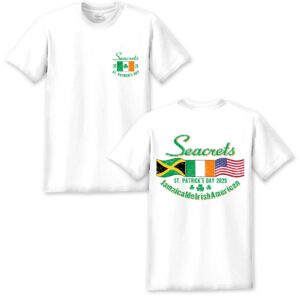 a white t - shirt with a green and orange design