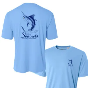 a blue shirt with a marlin fish on it