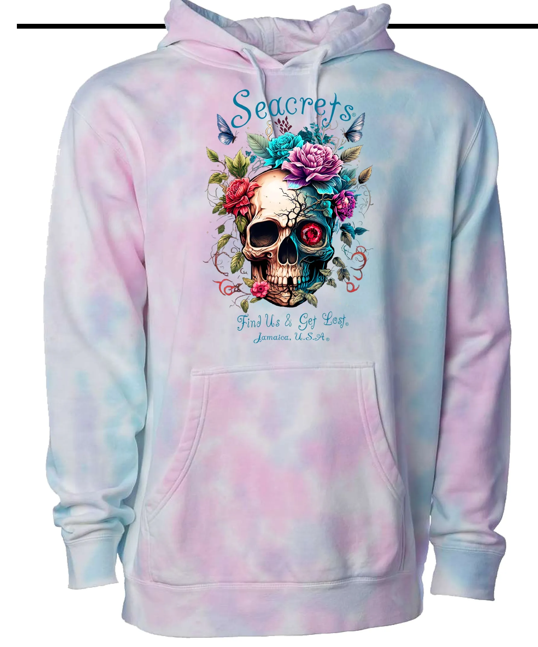 a tie dye hoodie with a skull and flowers on it