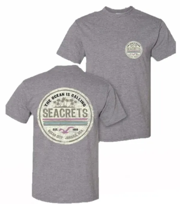 a grey t - shirt with the words seacrets on it