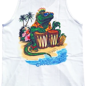 a white tank top with an image of a lizard on it