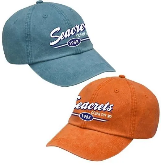 two baseball caps with the same logo on them