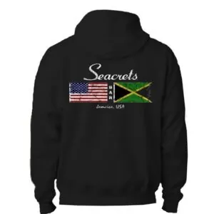 a black hoodie with the flag of jamaica and the name of the country