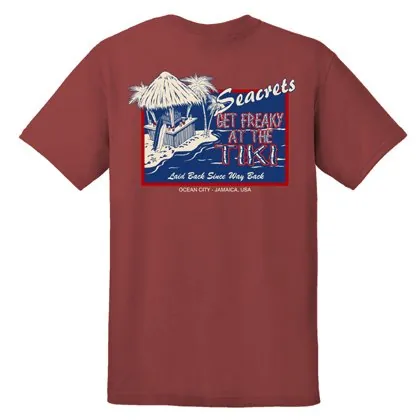 a red t - shirt with a picture of a tiki hut