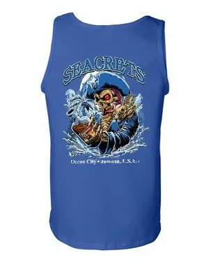 a blue tank top with a skeleton on it